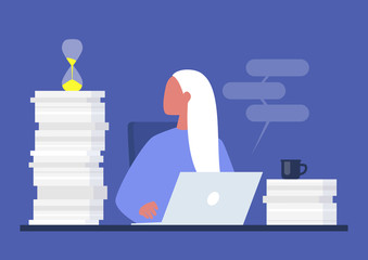 Deadline, young female project manager looking at the sand glass, millennials at work