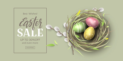 Vector elegant horizontal easter sale banner with realistic colored eggs in bird's nest and 3d pussy willow. Vintage festive background with place for text for design of flyers with discount offers.
