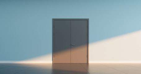 Double closed door, on empty wall of a public space interior. 3D render