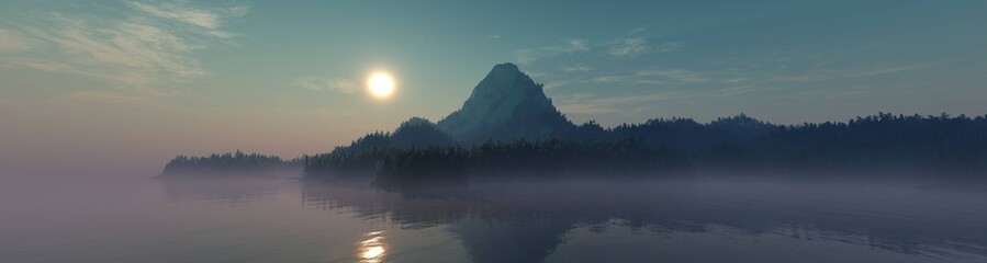 Mountains in the forests above the sea at sunset, Forest above the water, forest mountains above the river,