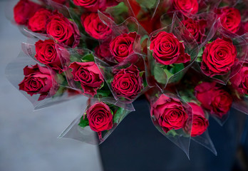 Vase full of fresh cut selective red roses which packed individually at the greek flowers boutique - preparation for Valentine's Day.