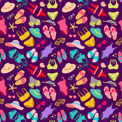 Hats, swimwears, slippers, beach bags, tropical decoration and cocktails. Vector illustration on dark violet background.