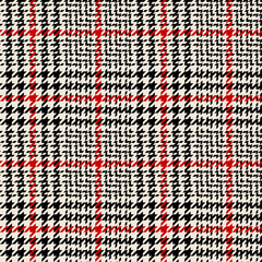 Seamless glen plaid pattern. Tweed check plaid abstract background texture in black, red, and off white for jacket, skirt, dress, or other modern spring, autumn, or winter textile design.