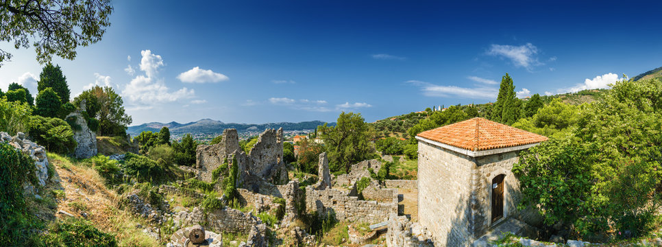 Sunny panoramic view of ruins of citadel in Stari Bar town near Bar city, Montenegro.