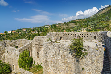 Sunny view of ruins of citadel in Stari Bar town near Bar city, Montenegro.