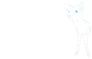 写実的な動物イラスト、虹色の小鹿が見上げる姿