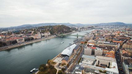 Budapest,Hungary- Aerial skyline view of Balna and beautiful Liberty Bridge with Gellert Hill,Citadella, Statue of Liberty, Elisabeth Bridge and Buda Castle background Modern Whale Shaped building