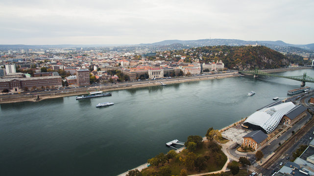 Budapest,Hungary- Aerial skyline view of Balna and beautiful Liberty Bridge    with Gellert Hill,Citadella, Statue of Liberty, Elisabeth Bridge and Buda Castle background Modern Whale Shaped building