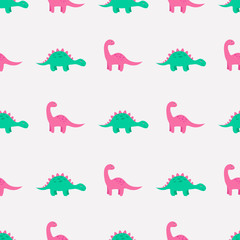 Cute colorful seamless pattern with dinosaurs. Bright background for kids. Vector illustration for textile manufacturing, notebooks etc