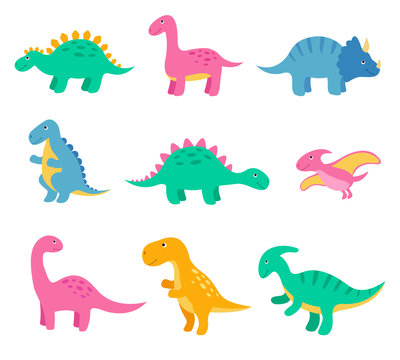 Cute colorful cartoon dinosaurs set isolated on white background. Vector illustration for kids