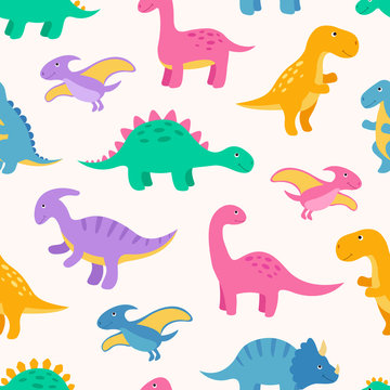Cute colorful seamless pattern with dinosaurs. Bright background for kids. Vector illustration for textile manufacturing, notebooks etc