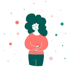 Cartoon vector character girl pain menstruation. Health care vector illustration.