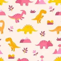 Deurstickers Dinosaurussen Leuk kleurrijk naadloos patroon met dinosaurussen. Lichte achtergrond voor kinderen. Vectorillustratie voor textielproductie, notebooks enz