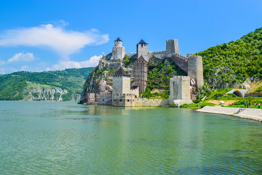 The old medieval Golubac Fortress on the banks of the Danube River. Serbia.