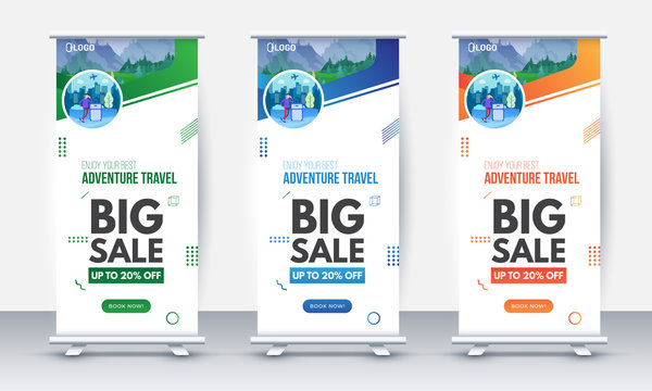 Template universal roll up banner for business or travel. Design a vertical brochure with mountains and a field, with a place for photos and information. Vector illustration. Set