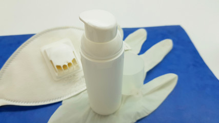 Mask, latex gloves and disinfectant gel against infection by coronavirus