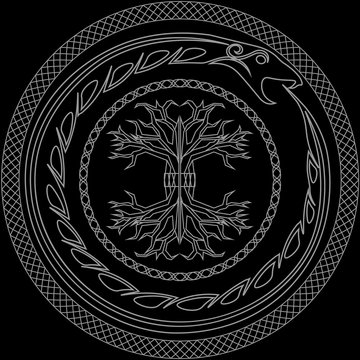 Contour yggdrasil and ouroboros in ornamented circles on black background
