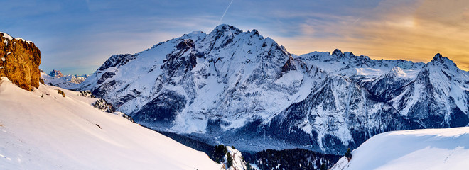 Beautiful panoramic view to the Sellaronda - the largest ski carousel in Europe - skiing the four...