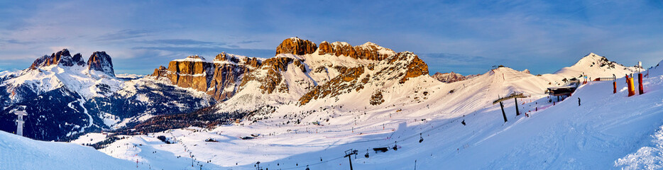 Beautiful panoramic view to the Sellaronda - the largest ski carousel in Europe - skiing the four...