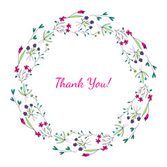 Decorative wreath of bright simple wildflowers in doodle style on a white background. Hand drawing. Caption Thank you. Isolated objects. Vector stock illustration.