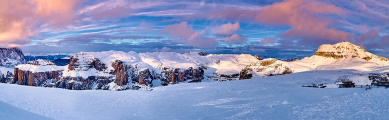 Beautiful panoramic view to the Sellaronda - the largest ski carousel in Europe - skiing the four...
