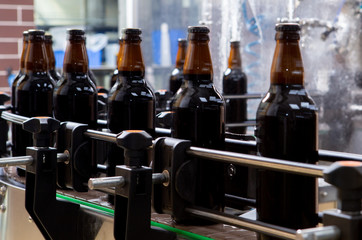A working conveyor for the production of beer in bottles.