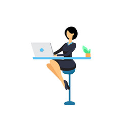 vector icon of a business woman sitting on a high chair at a laptop and working remotely on freelance, the project manager communicates with the team, the programmer in the coworking space, front end