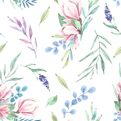 Hand drawn watercolor magnolia floral pattern