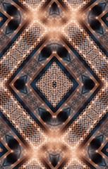 Abstract golden background, geometric circles, lines and rays. Night scene with spotlights. Symmetric reflection, neon light.