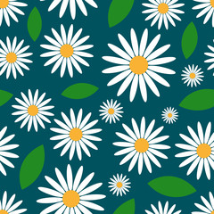 Fototapeta na wymiar Chamomile flowers and leaves isolated on a green background. Seamless pattern. Vector graphic drawing. Texture.