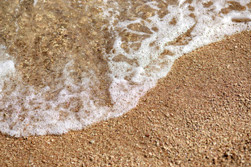 bubbling wave on a sandy shore close-up