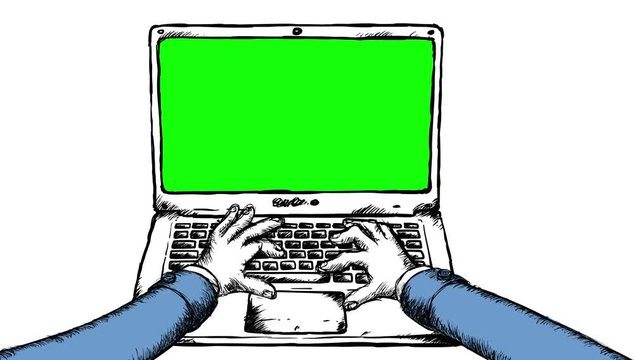 Cartoon hands typing on a laptop keyboard. Greenbox for keying on a screen and alpha channel for all scene included. Hand drawn dynamic 2d animation good for any keyboard. Seamless loop.