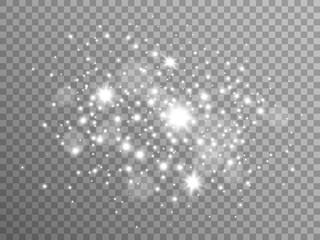 White stars and sparks on transparent backdrop. Silver particles with stardust. Magic glitter composition. Special light effect. Festive glowing particles. Vector illustration