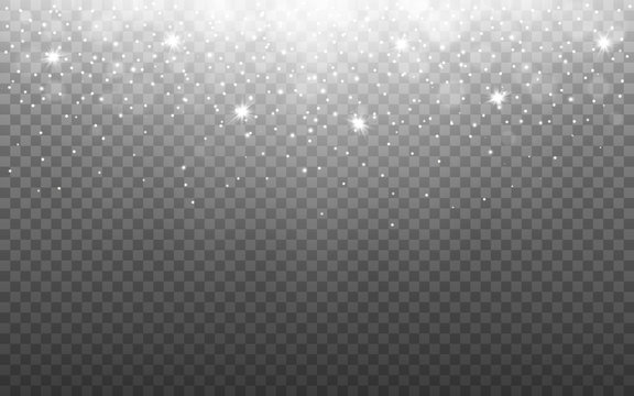 Glowing light with snow flakes on transparent backdrop. Silver glitter effect with rays. Shining particles and bokeh. Banner template with sparks. Vector illustration