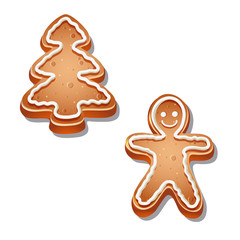 ruddy Christmas gingerbread man with cream and crisp, festive pastries, vector icon isolated on white background, sticker and print for printing smiling cookies, happy emoticon eps 10 xmas