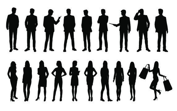 Set of vector silhouettes of men and women, a group of business people standing in various poses, black color, isolated on a white background