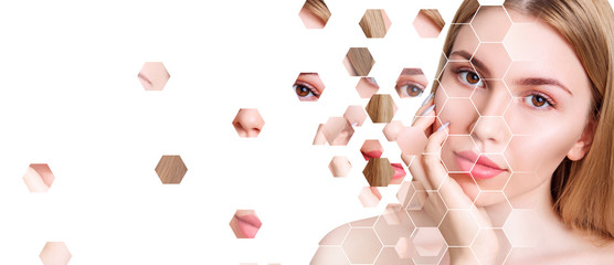 Beautiful female face made from faces parts in hexagon shape.