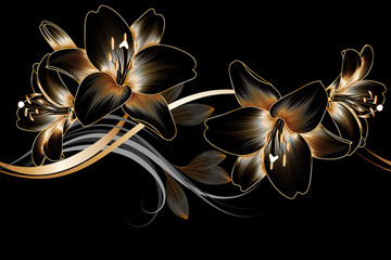 Vintage luxury seamless floral background with golden lilies flowers. Romantic pattern template for wall decor, wallpaper, wedding invitations, ceremonies, cards.