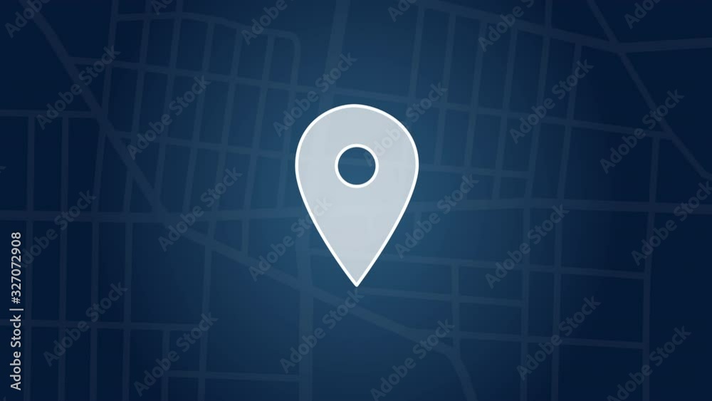 Poster motion graphic location pin marker icon with road map background. gps technology and transportation 