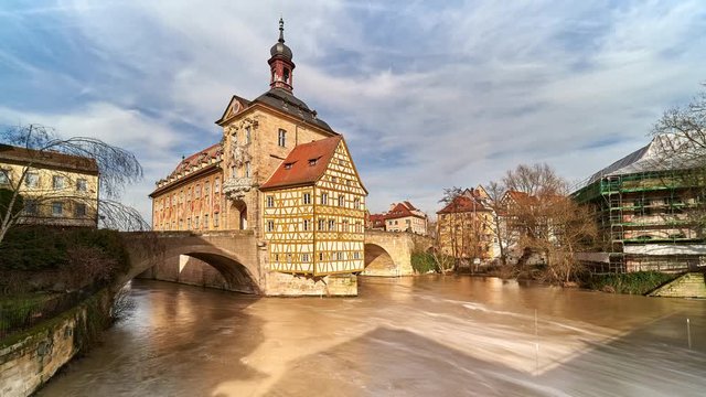 Bamberg. View of Old Town Hall of Bamberg with two bridges over the Regnitz river, Bavaria, Germany