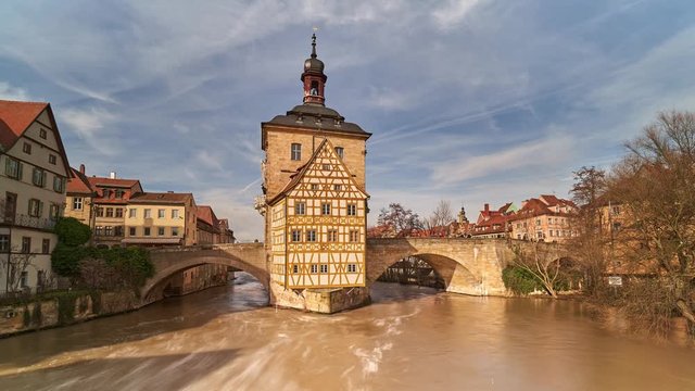 Bamberg. View of Old Town Hall of Bamberg with two bridges over the Regnitz river, Bavaria, Germany