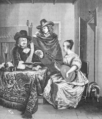 Picture of a woman playing the lute in the old book Des Peintres, by C. Blanc, 1863, Paris