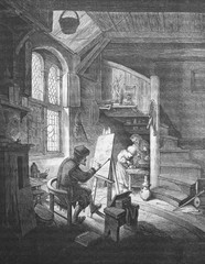 Painter is painting new picture by Van Ostade  in the old book Des Peintres, by C. Blanc, 1863, Paris