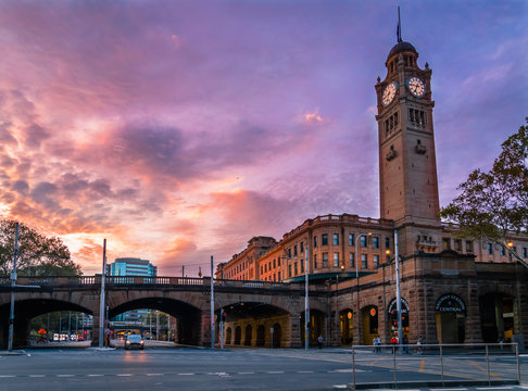 Sydney, Australia - 24 Feb 2020: Morning sunrise at Central Station, looking eastwards down Eddy Ave. Central railway station is a historic public transport interchange hub.