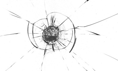 Holes from balls in glass on a white background