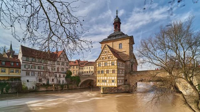 Bamberg. View of Old Town Hall of Bamberg with two bridges over the Regnitz river, Bavaria, Germany