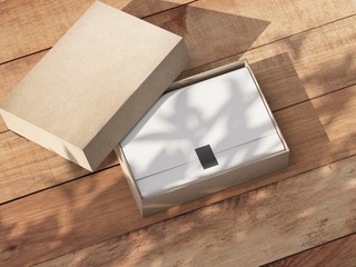 Opened carton Gift Box Mockup with white wrapping paper on the wooden table outdoor