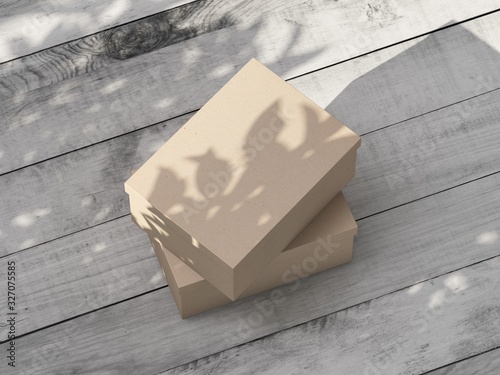 Download Two Carton Gift Boxes Mockup On The White Wooden Table Outdoor Poster Customdesigner