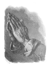 Gravure of hands by Durer in the old book La Gravure, by A. Lostalot, 1896, Paris