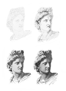 Appolon engraved by Belvedere in the old book La Gravure, by A. Lostalot, 1896, Paris